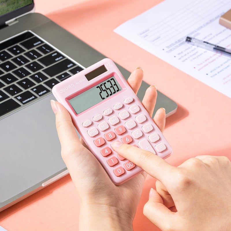 Deli Standard Function Basic Calculator, 12 Digit Desktop Calculator with Large LCD Display, Solar Battery Dual Power Office Calculators, Pink - Image 2